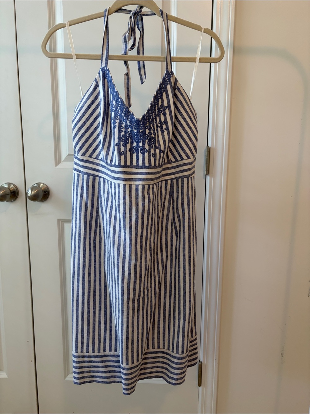 Vineyard Vines Blue and White Striped Halter Sundress with Embroidered Bodice